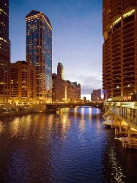 The chicago river at dusk Stock Photos