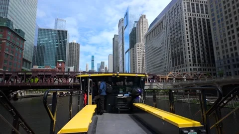 Chicago river ferry ride with skyscraper towers, Illinois - 4K Stock Footage 310850509