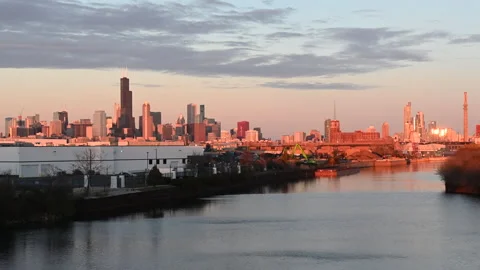 Chicago River Skyline Sunset 库存影片 230939655