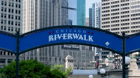 Chicago riverwalk sign in the downtown, is multi use public space recreatio.. Stock Footage 246727601