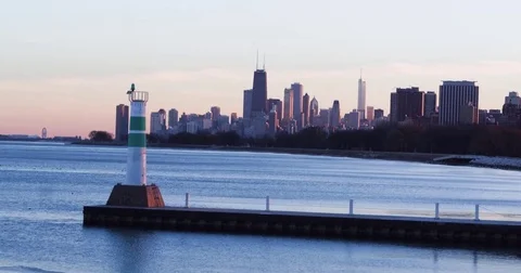 Chicago Skyline by Drone at Magic Hour Over Lake 스톡 동영상 71260791
