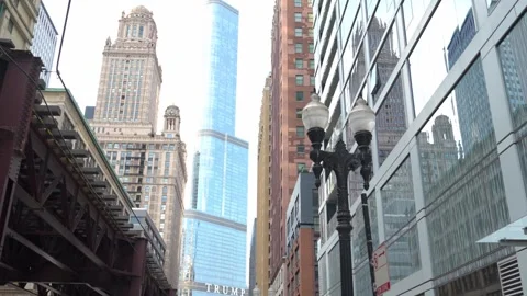 Chicago Skyline With Elevated Train And Historic And Modern Buildings Stock Footage 336263516