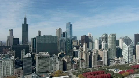Chicago Skyline over Millenium Park Aerial Video stock 142246541