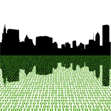 Chicago skyline reflected with binary text illustration 스톡 일러스트