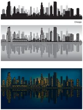 Chicago skyline with reflection in water Stock Illustration
