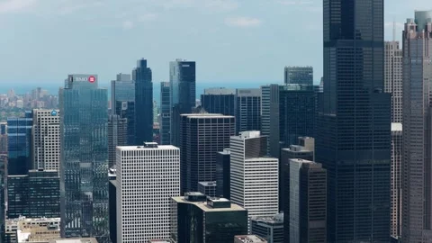 Chicago skyline showing Willis Tower and other downtown skyscrapers during sunny Stock Footage 337312424