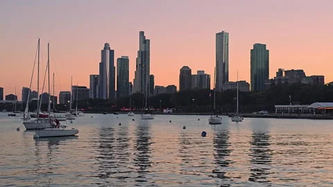 Chicago Skyline at Sunset, A breathtaking view of the Chicago skyline with Stock Footage 301766059