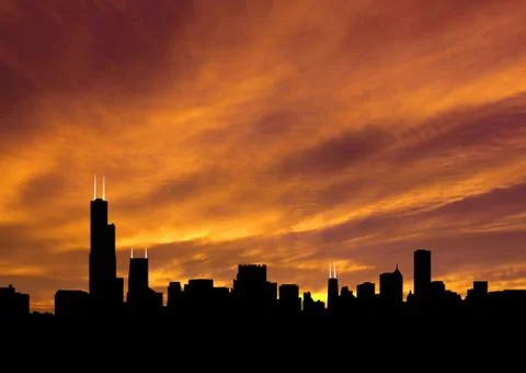 Chicago skyline at sunset Ilustración de archivo