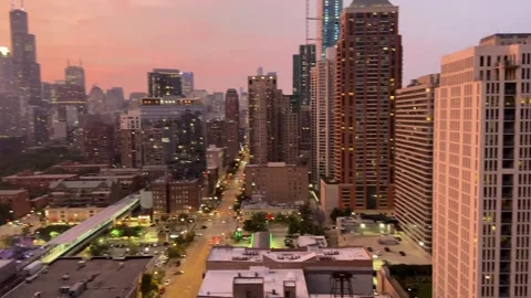 Chicago Skyline Sunset Pan Left North Side Chicago Illinois USA August 21 2023 Stock Footage 331541478