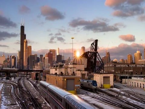 Chicago - Skyline Sunset View Over Train - 4K Slow Motion Video stock 83564292