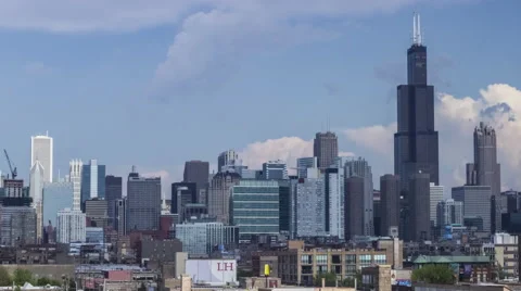 Chicago: Skyline with Willis Tower and Clouds during Day Stock Footage 63474025