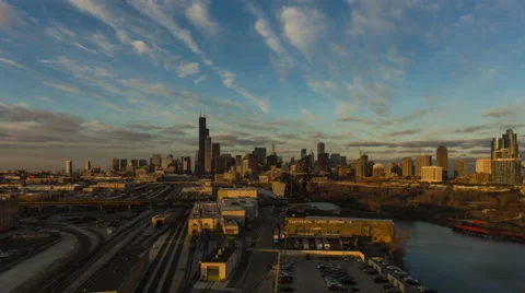 Chicago: Skyline with Willis Tower and City Lights at Sunset Stock Footage 68849876