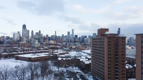 Chicago Skyline in Winter - 4k Stock Footage 104771101