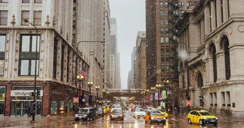 Chicago - Snow Falling Looking Down Intersection - 4K Slow Motion Stock Footage 83462287