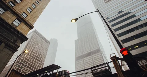 Chicago - Snow Falling View Up at Train Passing Willis Tower - 4K Slow Motion Stock Footage 83466461