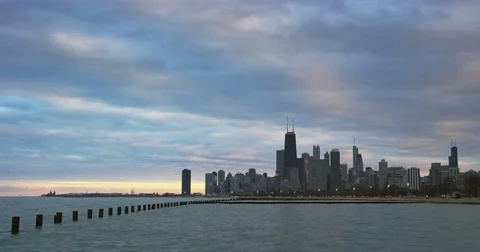 Chicago - Sunset Light Over Lake Michigan with Skyline - 4K Slow Motion Stock Footage 83466741