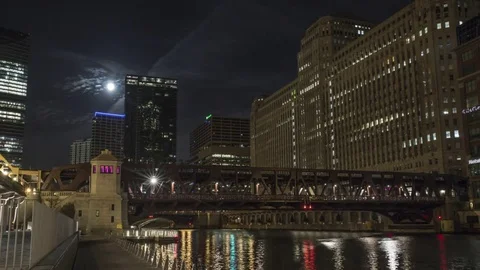 Chicago: Supermoon with Train Bridge over River Stock Footage 72167353