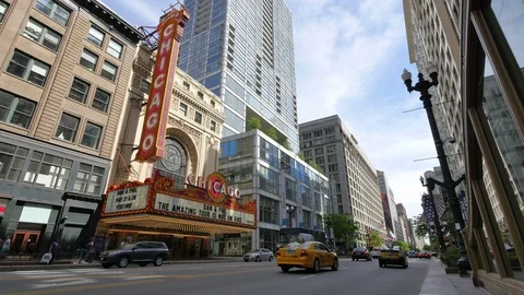 Chicago Theater at State Street in Loop District at Sunset Stock Footage 80539054