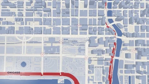 Chicago top down street network map red blue seamless loop Stock Footage 344246770