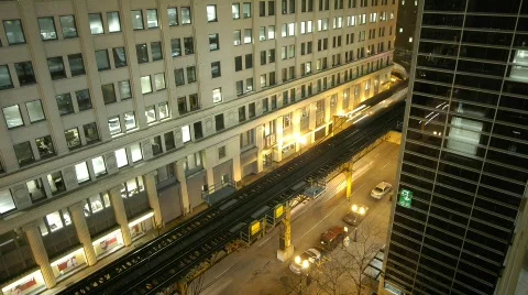 Chicago train on the loop at night with elevator Stock Footage 293654