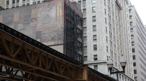 Chicago Transit Loop L Train Traveling Downtown Area Office Buildings Commuters Stock Footage