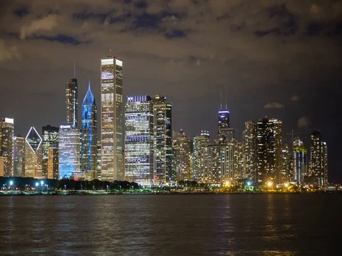 CHICAGO - USA, AUGUST 2017: Night city skyscrapers view Stock Footage 80217741