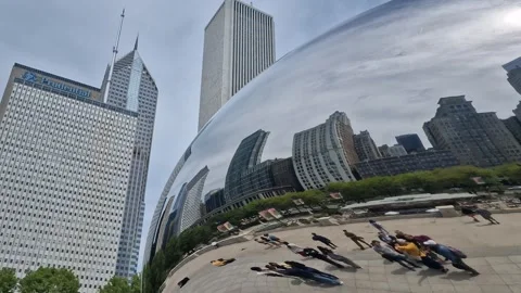 Chicago USA, The Bean aka Cloud Gate Reflection of People and Downtown Stock Footage 327468866