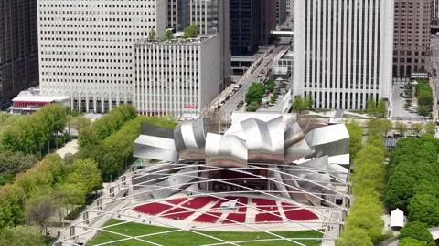 Chicago USA, Drone Shot of Jay Pritzker Pavilion in Millennium Park and Stock Footage 333173732