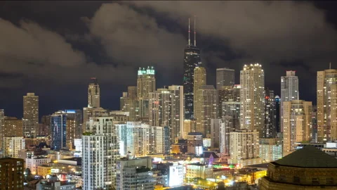 Chicago - View of City at Night with Clouds from Rooftop - 4K Timelapse Stock Footage 220773435
