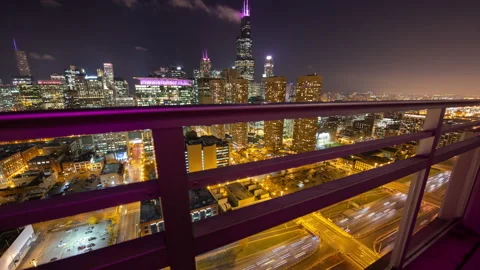Chicago - View Over Expressway at Night with Cityscape - 4K Timelapse Stock Footage 171200149