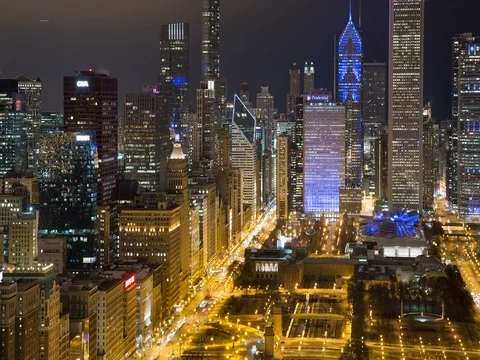 Chicago - View over Millennium Park and Michigan Avenue at Night - 4K Timelapse Stock Footage 80976730