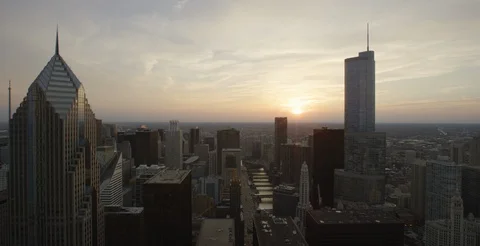 Chicago - View of Skyline and River from Rooftop Sunset Static - 6K Slow Motion Stock Footage 88532404