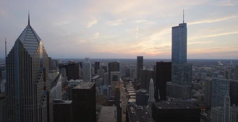 Chicago - View of Skyline and River from Rooftop Sunset - 6K Slow Motion Stock Footage 88532785