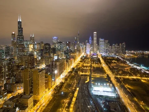 Chicago - Wide View Over Park with Skyline Night - 4K Timelapse Stock Footage 81007198