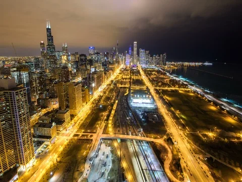 Chicago - Wide View Over Park with Skyline Night 2 - 4K Timelapse Stock Footage 81009541