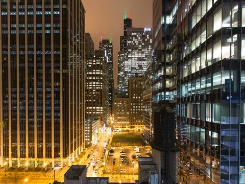 Chicago - Willis Tower and Streets Below at Night - 4K Timelapse Stock Footage 80941908