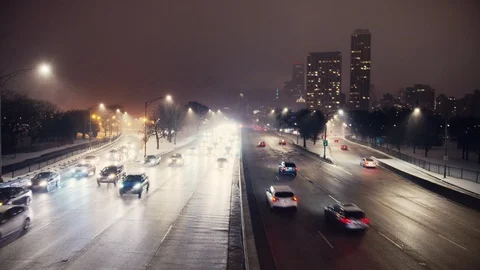 Chicago Winter Traffic at Night Stock Footage 124355161
