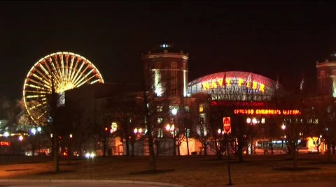 Chicago's Navy Pier and the Children's Museum light up the night. Stock Footage