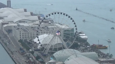 Chicago's Navy Pier viewed from a high rise building on a summer day July 4th Stock Footage 76681472