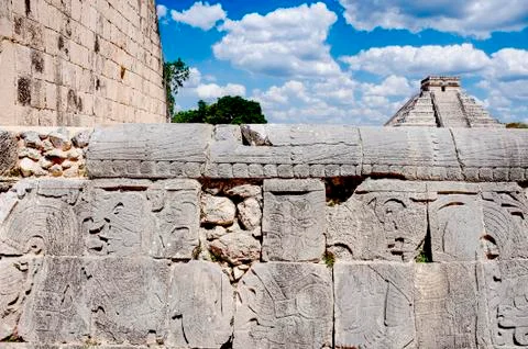 Chichen Itza castle view from the Ballgame court Stock Photos