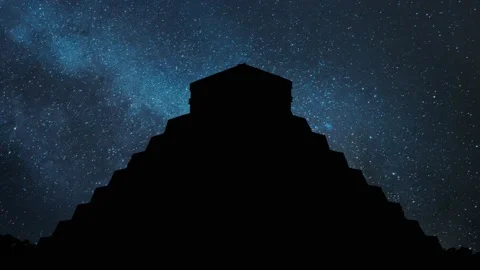 Chichen Itza: Mayan Pyramid by Night with Stars and Milky Way in Background Stock Footage 154166454