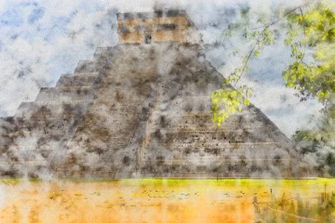 The Chichen Itza pyramid of Mexico painted on canvas with watercolor. Stock Illustration