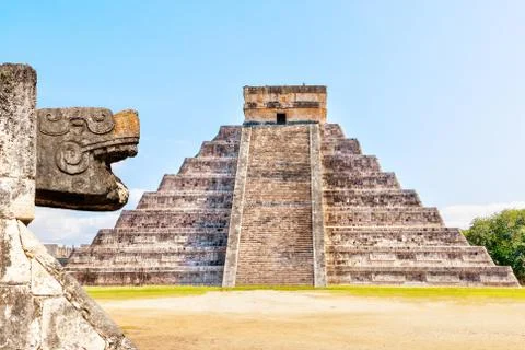 Chichen Itza Snake Head and Pyramid of Kukulcan in Yucatan Peninsula, Mexico Stock Photos