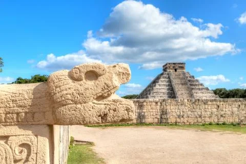 Chichen Itza Snake Head and Pyramid of Kukulcan in Yucatan Peninsula, Mexico Stock Photos
