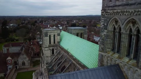 Chichester Cathedral and Skyline in 4K - Aerial Drone Video Clip at Sunset Stock Footage
