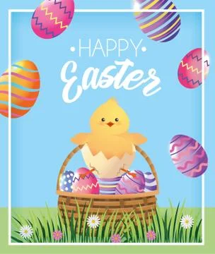 Chick and easter eggs decoration inside basket Illustrazione stock