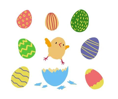 Chick and eggs set. Cute hand draw of chicks with an egg. children's print. V Stock Illustration