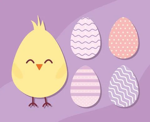Chick and set of easter eggs Stock Illustration