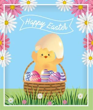 Chick with broken egg and easter eggs inside basket Stock Illustration