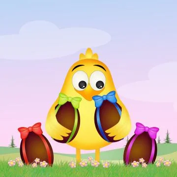 Chick with chocolate egg Stock Illustration